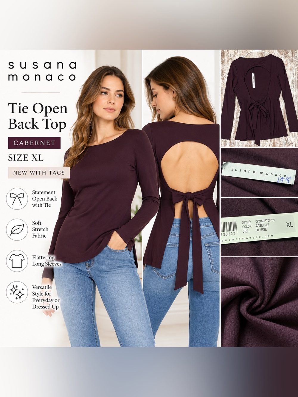 Susana Monaco Tie Open Back Long Sleeve Top Cabernet Women’s XL NWT